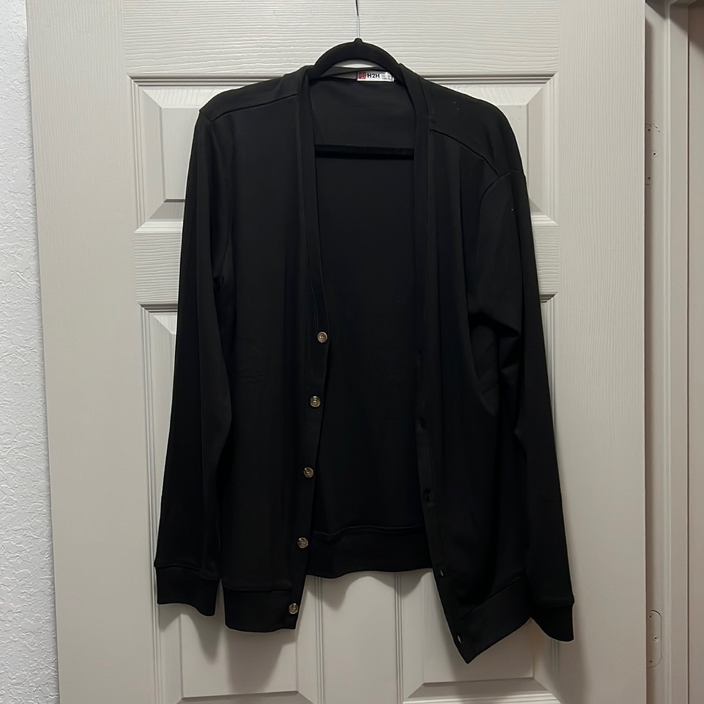 Men’s button up black sweater.